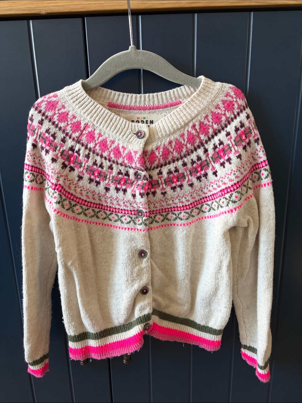 Mini Boden wool blend Cream and Pink Fair Isle Cardigan